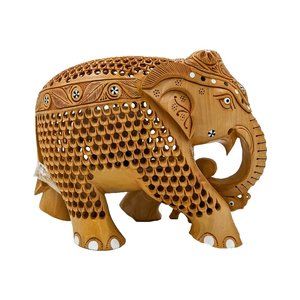 Trunk Jaali Elephant Wooden Handicraft (8 inch)